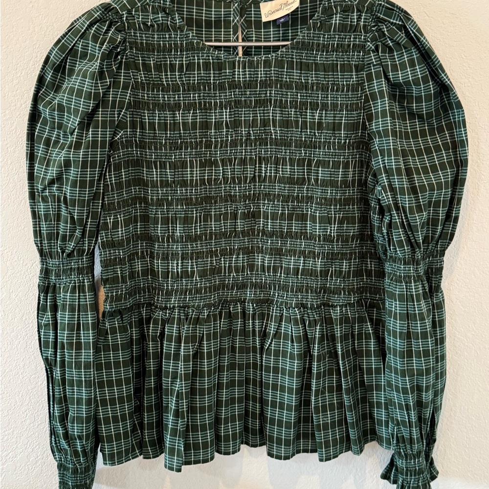 Universal Thread Dark Green Plaid Blouse with Statement Sleeves